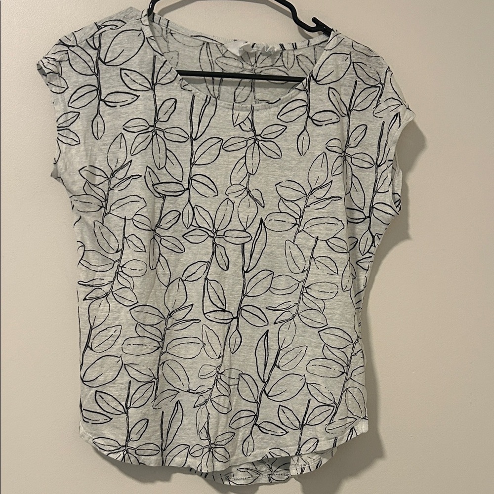 Cynthia Rowley 100% Linen Lagenlook Boho Floral White Black Blouse Size M